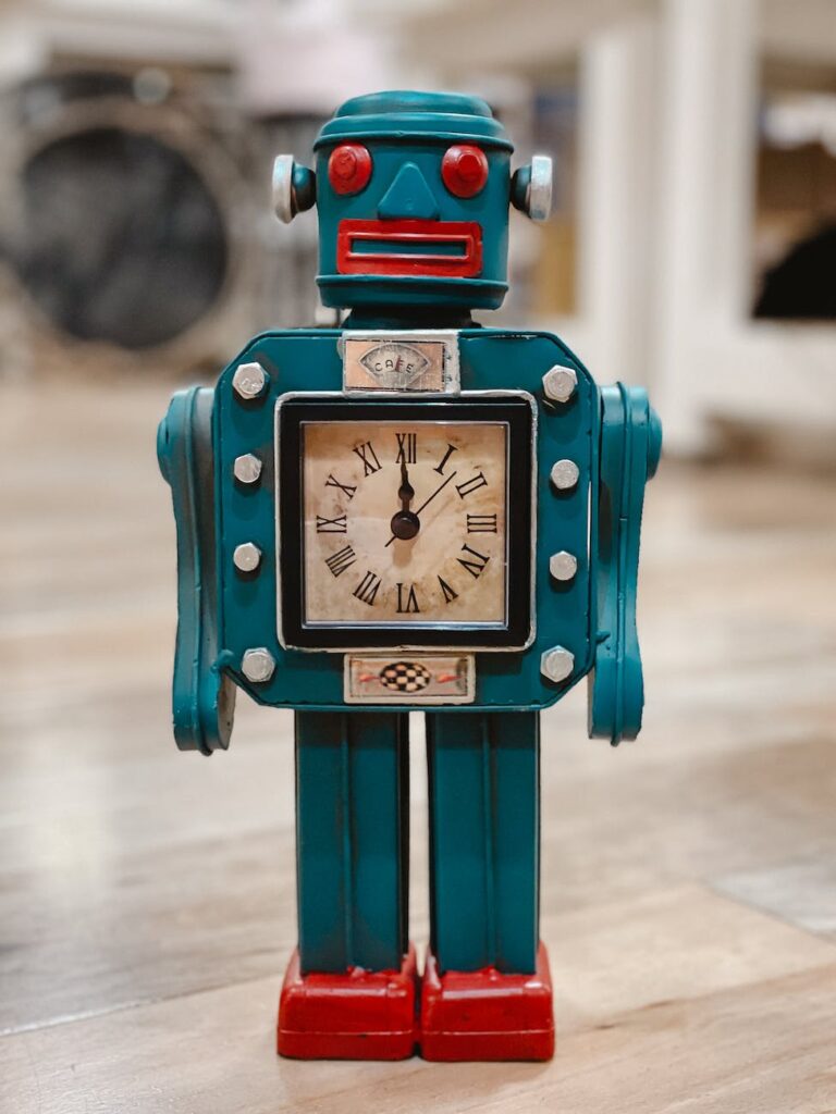 blue and red robot clock