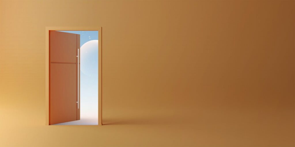 An open door revealing a bright blue sky with a white sphere